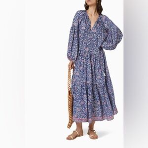 Natalie Martin Navy and Pink Silk Floral Long Sleeve Midi Dress - Small